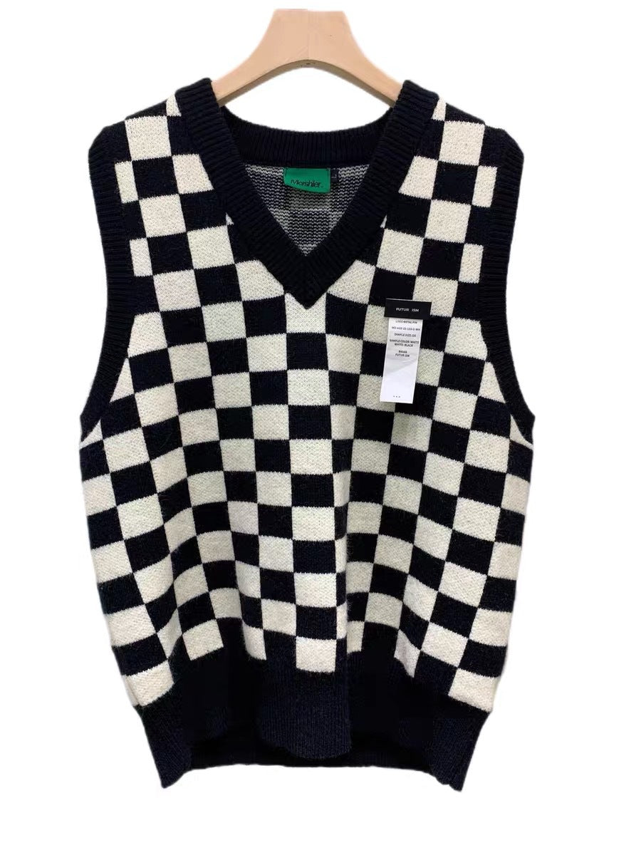 Men's V-Collar Knitted Chessboard Plaid Sweater Vest