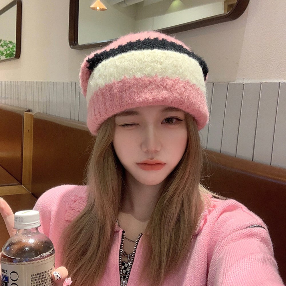 Large Head Circumference Colorblock Knitted Wool Hat | Embroidered Cap