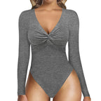 V-Neck Long Sleeve Knotted Bodysuit for Yoga Fitness