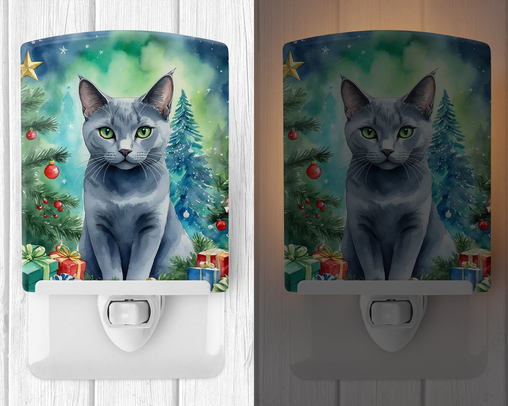 Russian Blue Cat By the Christmas Tree Ceramic Night Light