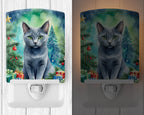Russian Blue Cat By the Christmas Tree Ceramic Night Light
