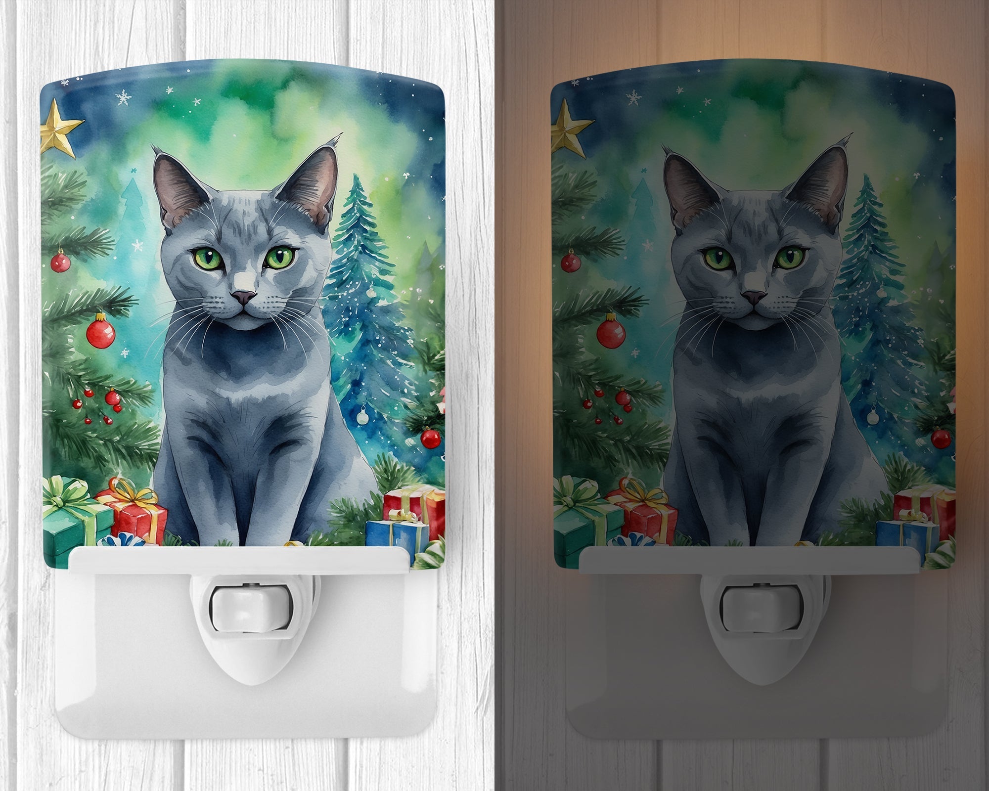 Russian Blue Cat By the Christmas Tree Ceramic Night Light