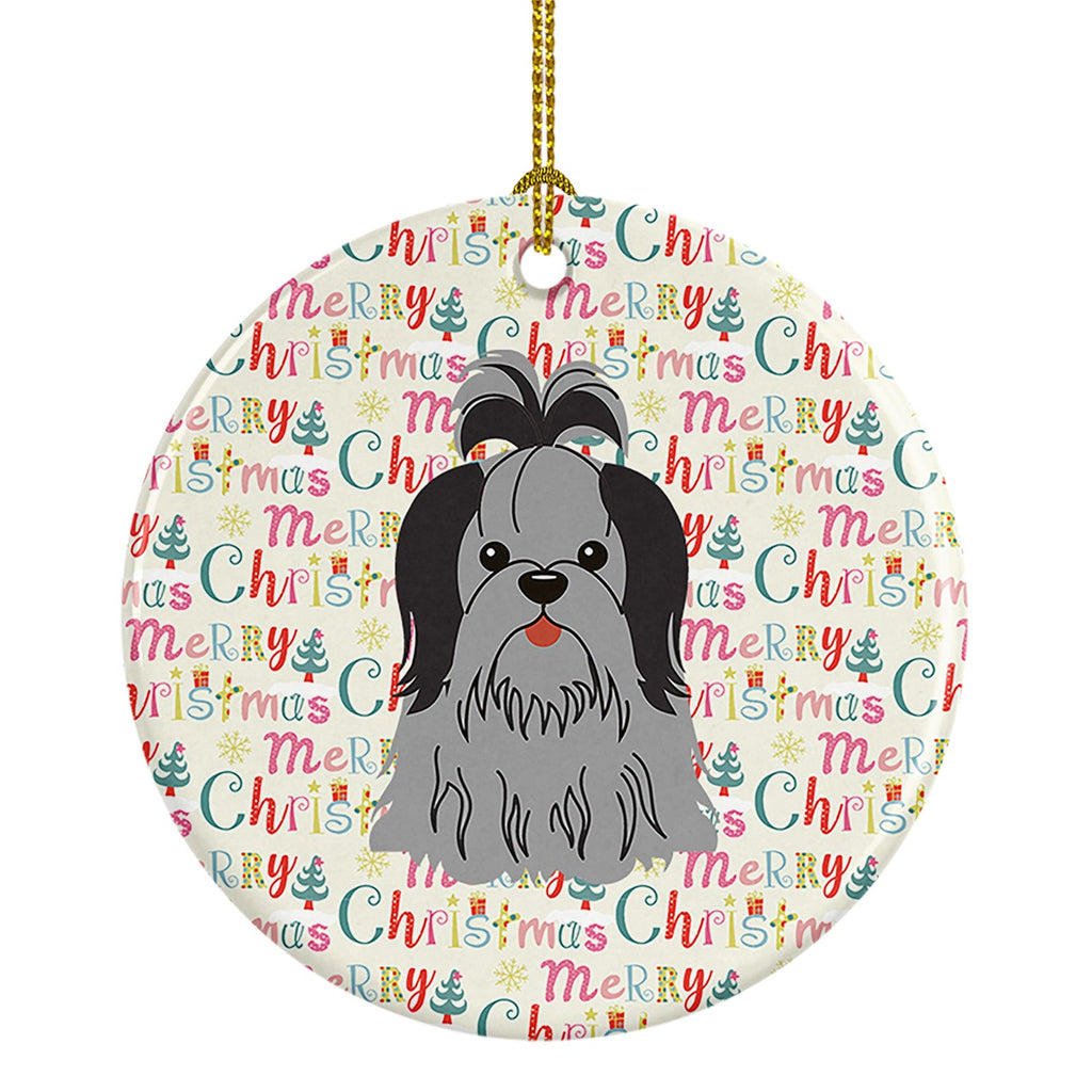 Merry Christmas Shih Tzu Black Silver Ceramic Ornament