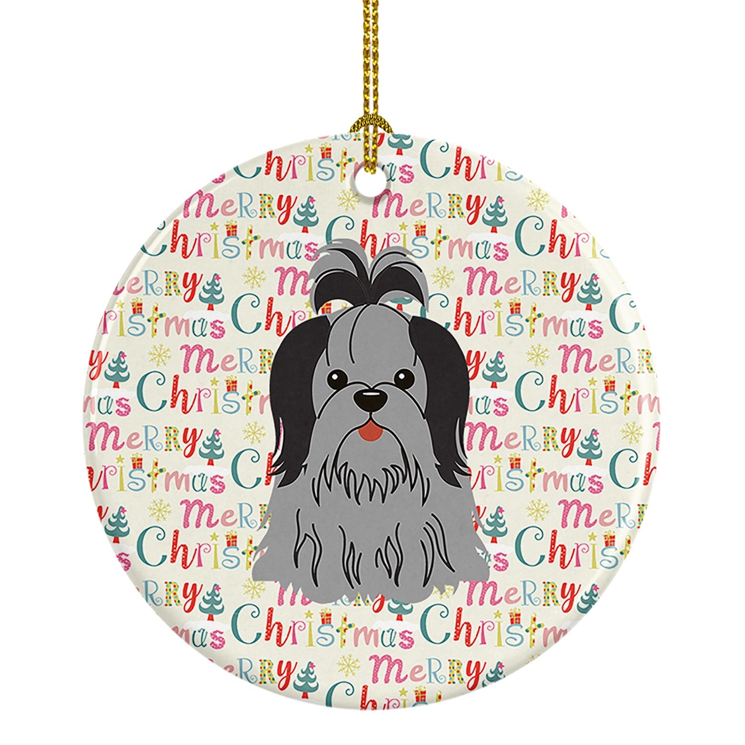 Merry Christmas Shih Tzu Black Silver Ceramic Ornament