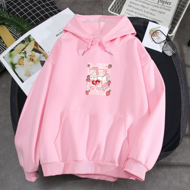 Kawaii Strawberry Milk Soft Hoodie | Streetwear