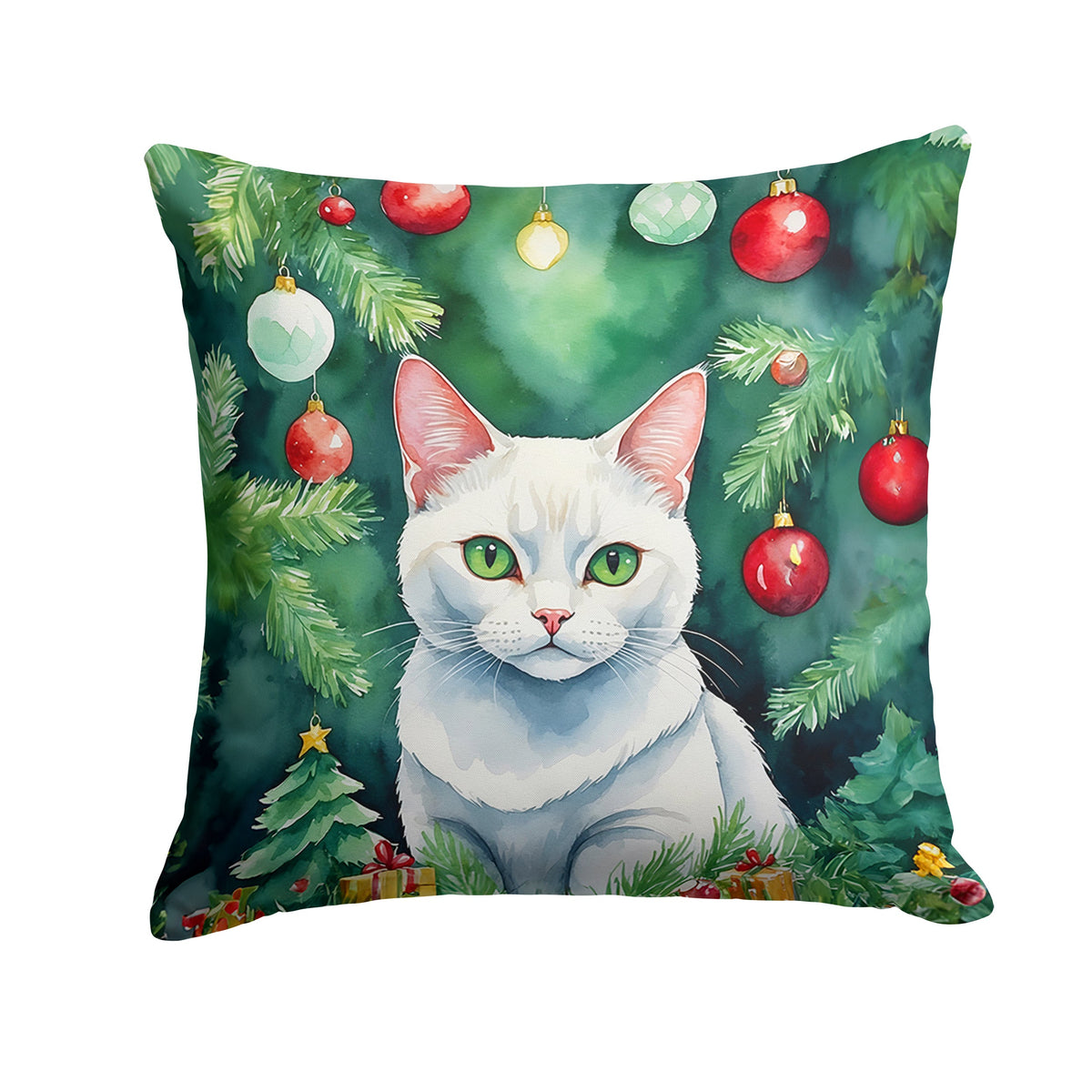 Khao Manee Cat By the Christmas Tree Throw Pillow