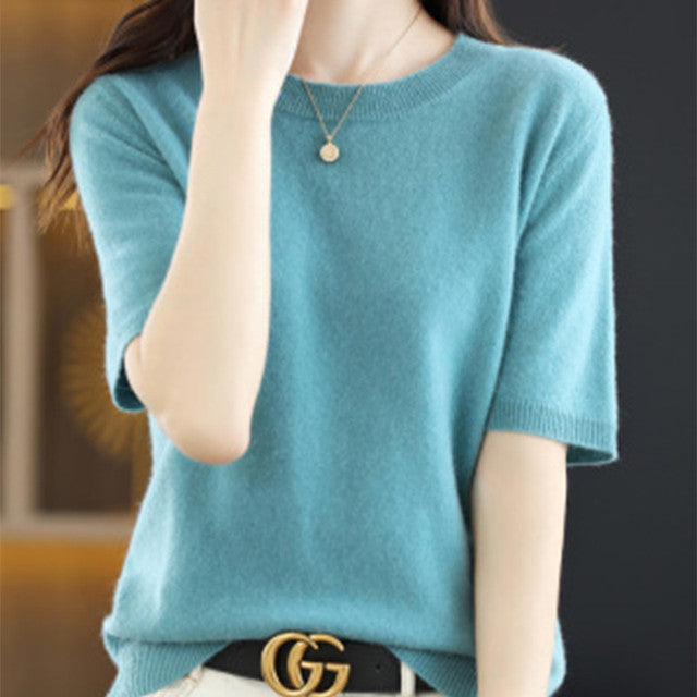 Women's Slim Fit Short-Sleeve Wool Cotton Blend Sweater