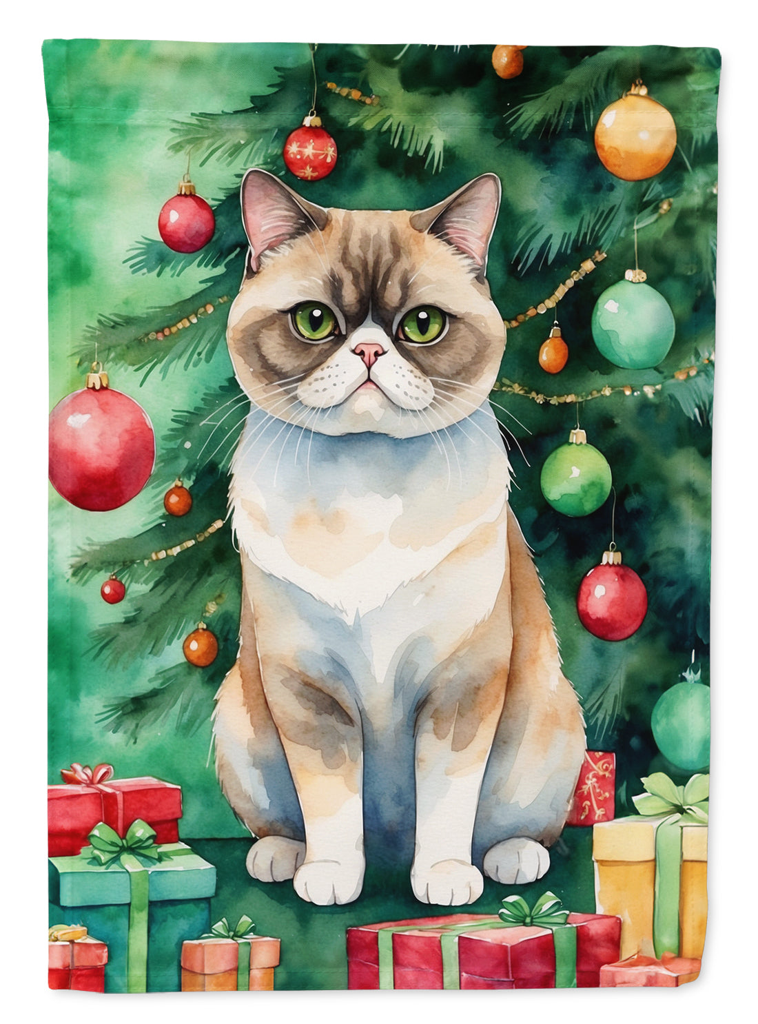 Exotic Shorthair Cat By the Christmas Tree House Flag