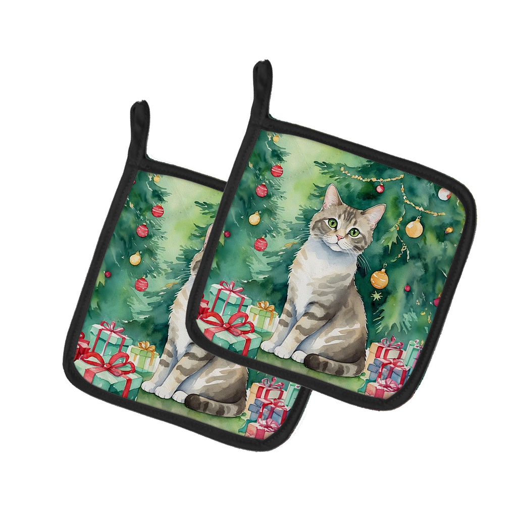 Pudelkatze Cat By the Christmas Tree Pair of Pot Holders