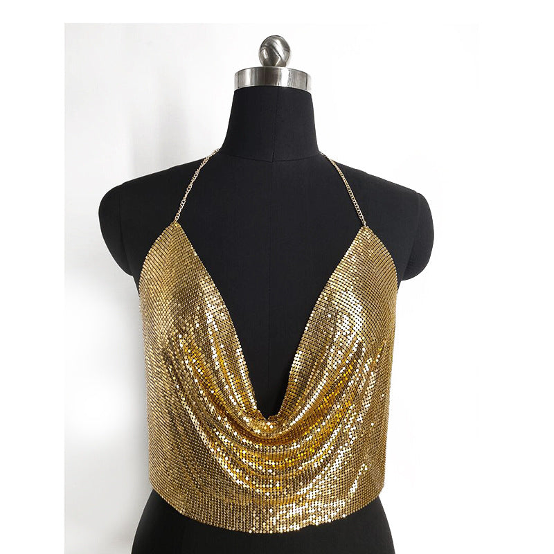 Metallic Sequin Chain Strap Deep V Crop Top for Women