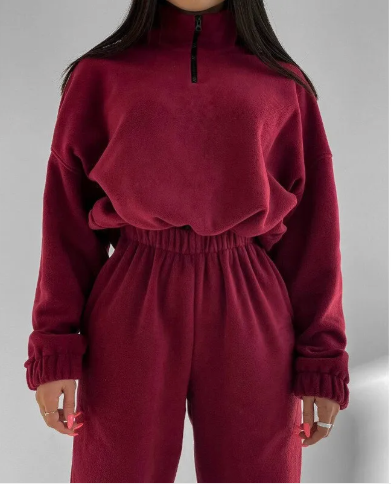 Loose Zip Stand Collar Sweater Set