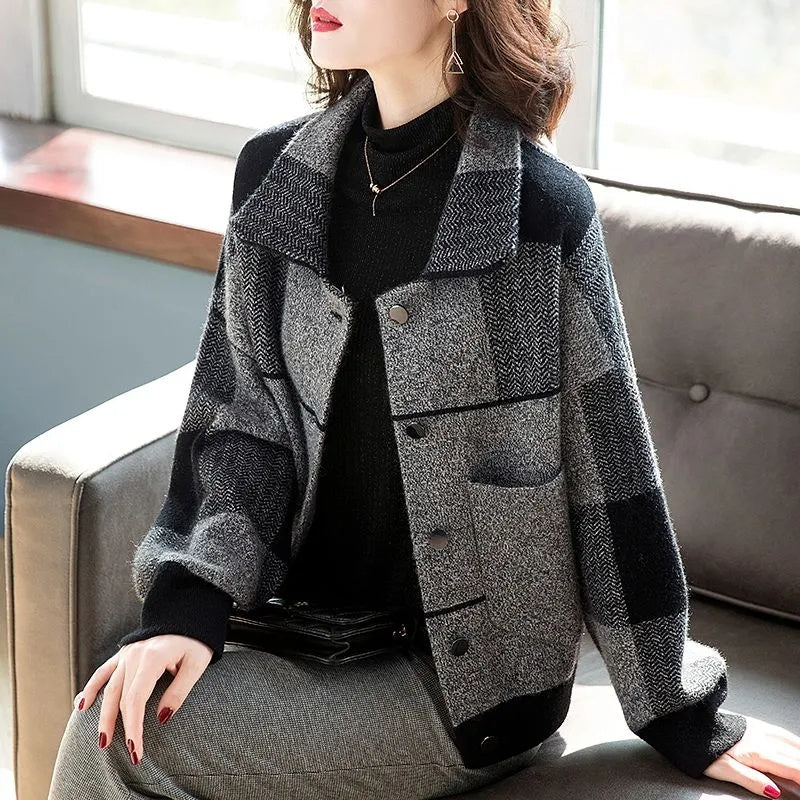 Checkered Woolen Short Coat for Women - 2024 Autumn