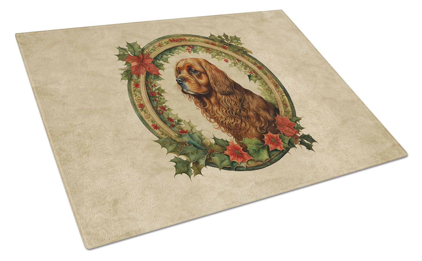 Sussex Spaniel Christmas Flowers Glass Cutting Board