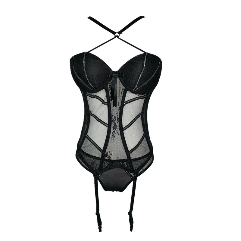 Transparent Lace Bodysuit with Suspender Straps