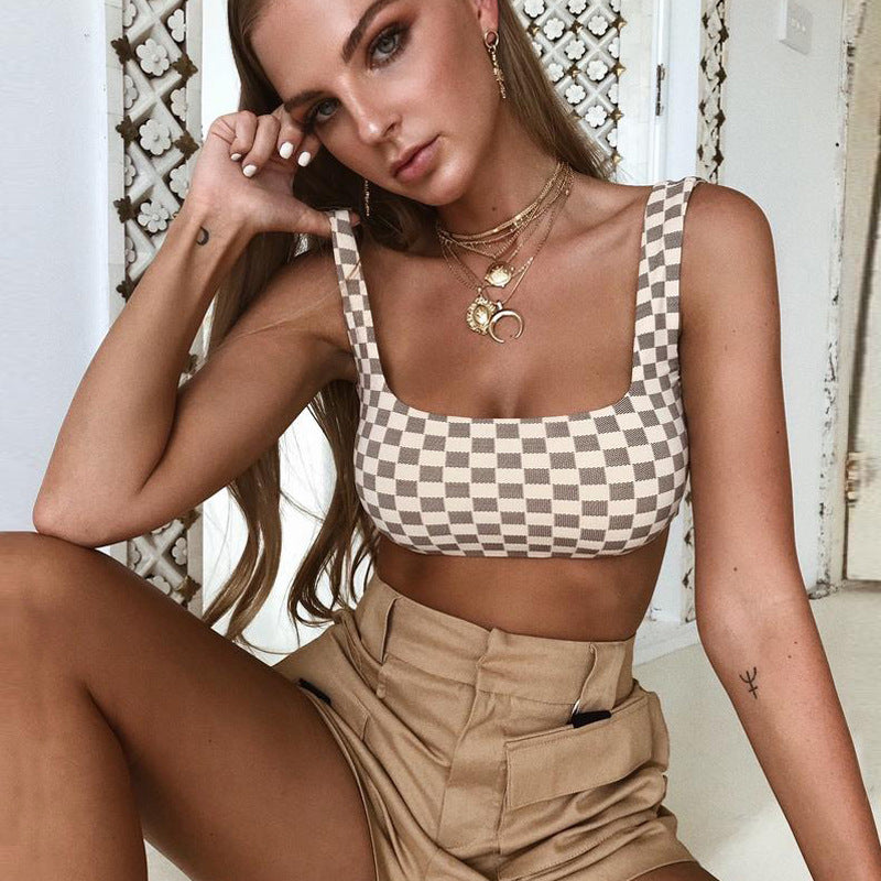 Fashionable Plaid Crop Top and Strap Vest