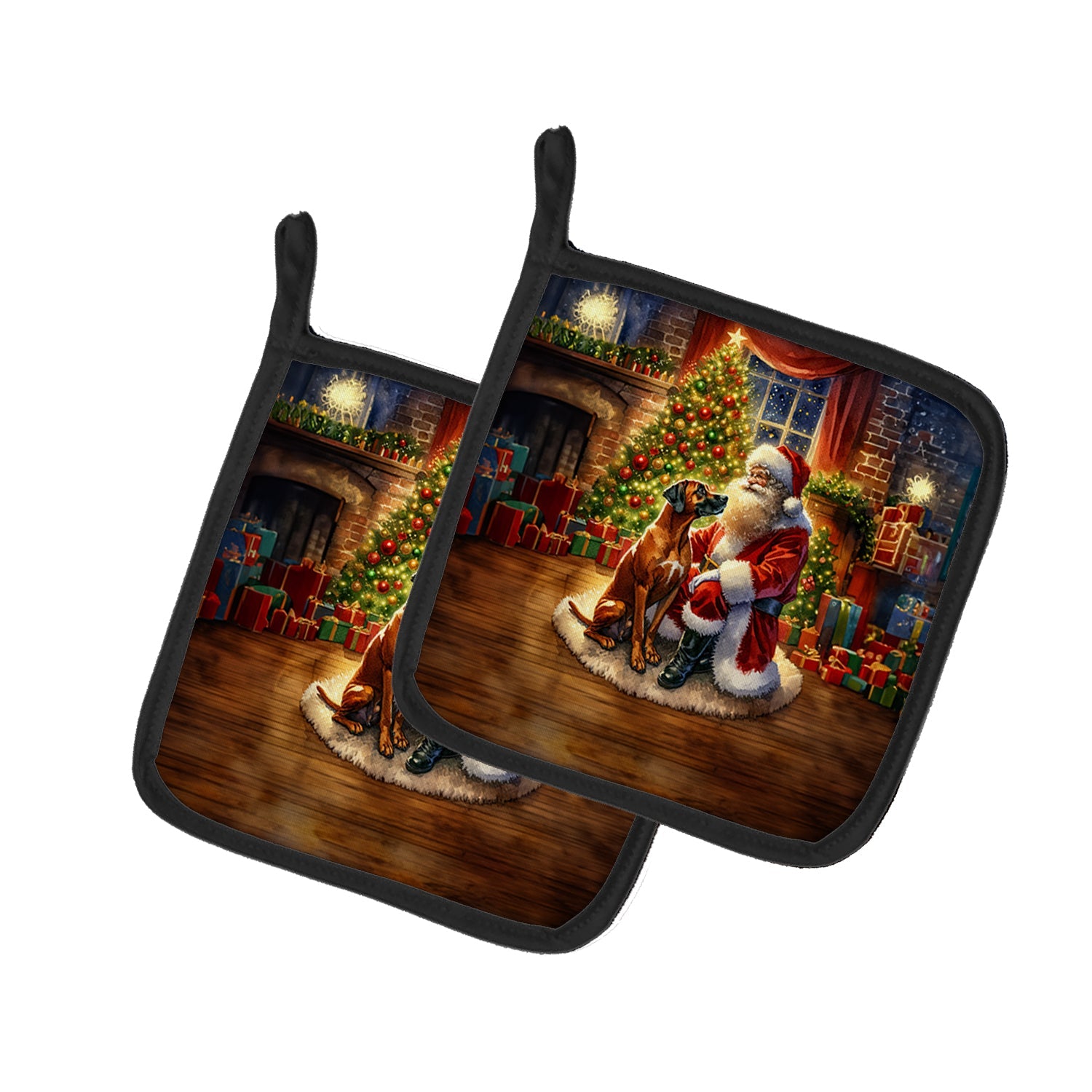 Rhodesian Ridgeback and Santa Claus Pair of Pot Holders