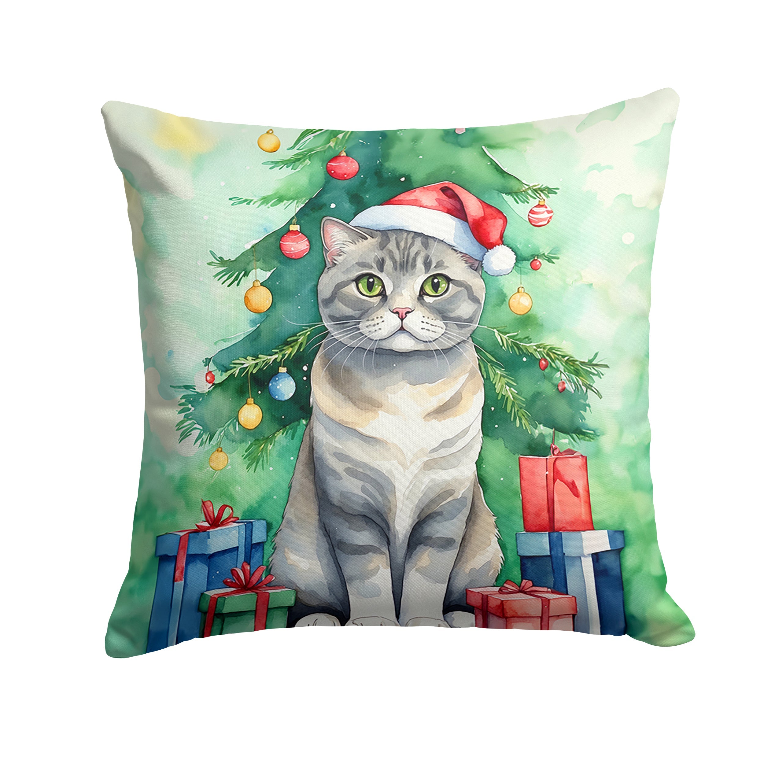 Scottish Fold Cat By the Christmas Tree Throw Pillow