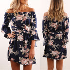 Loose-Fit Belted Dress with Floral Print and Off-Shoulder