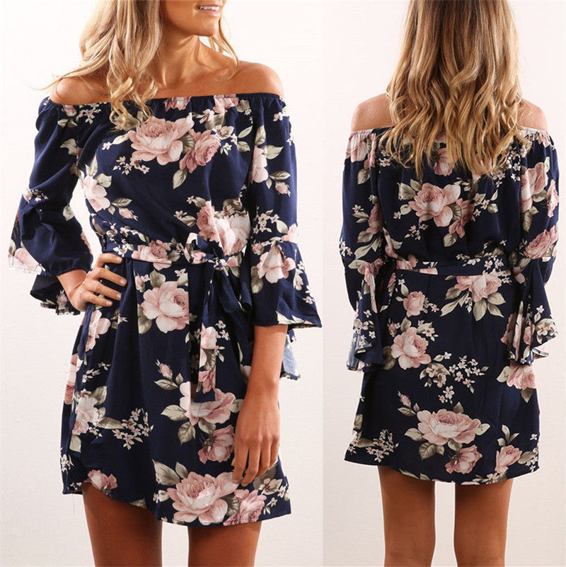 Loose-Fit Belted Dress with Floral Print and Off-Shoulder