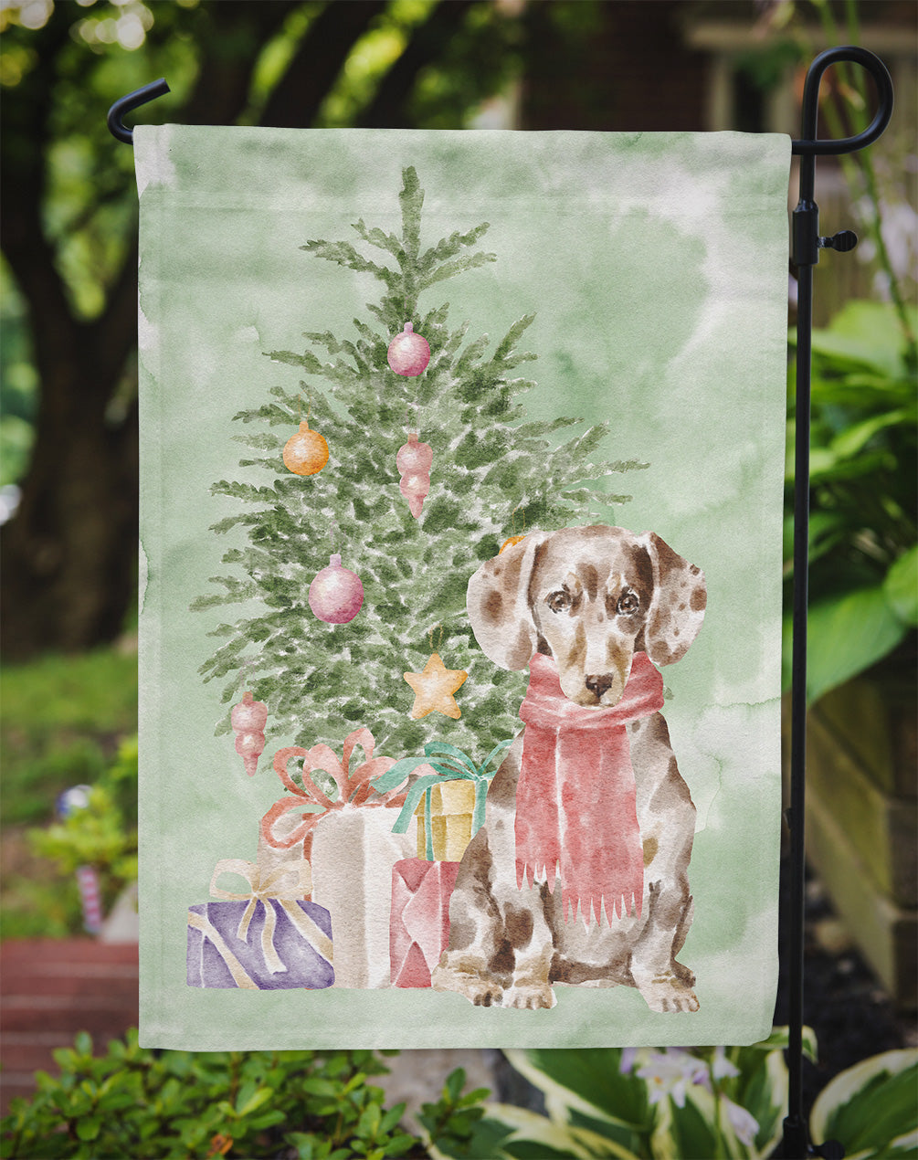 Dachshund Chocolate Piebald Dapple Christmas Presents and Tree Garden Flag