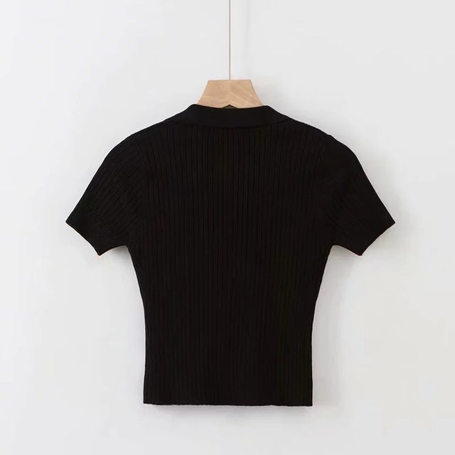 Women's Knitted Polo Collar Short Sleeve Tank Top