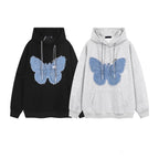 Retro Patch Denim Butterfly Flower Hoodie Sweatshirt | Streetwear