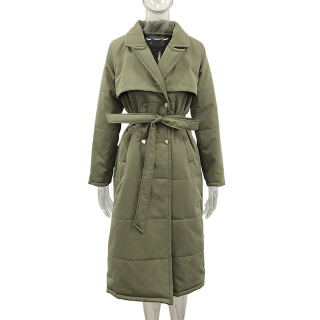 Women's Long Down Collar Parka Coat with Tie Belt