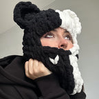 Handmade Knitted Bear Ear Wool Beanie with Color Design | Embroidered Cap
