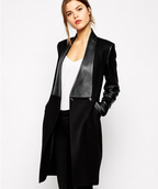 Slim Woolen Coat with Leather Stitching for Women