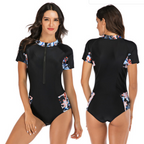 Onyx Floral One-Piece Short Sleeve Swimsuit
