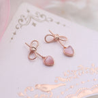 Rose Gold Bow Earrings with Pink Heart Drop