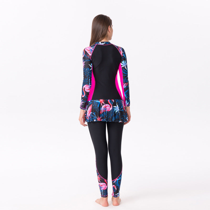 One-Piece Long Sleeve Swimsuit with Skirt