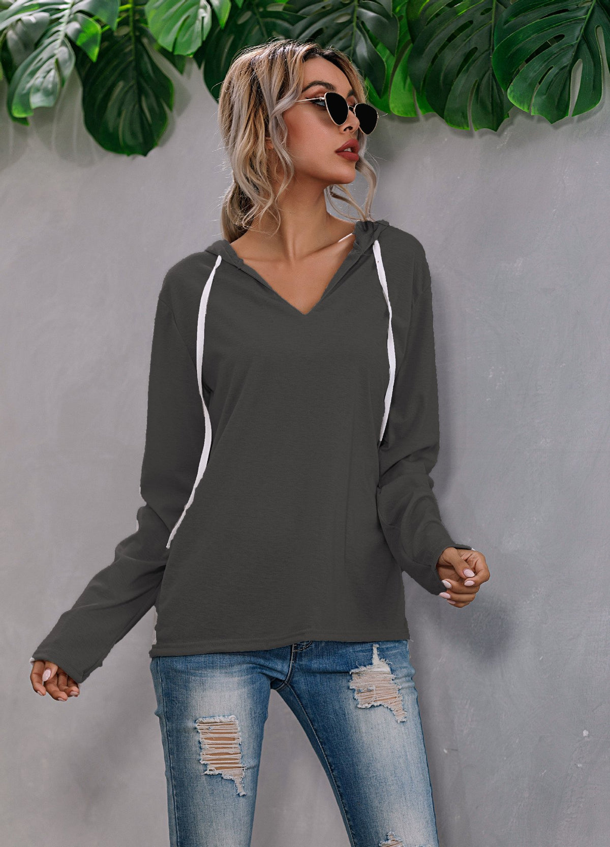 Hooded Fleece Drawstring V-neck Sweatshirt | Streetwear