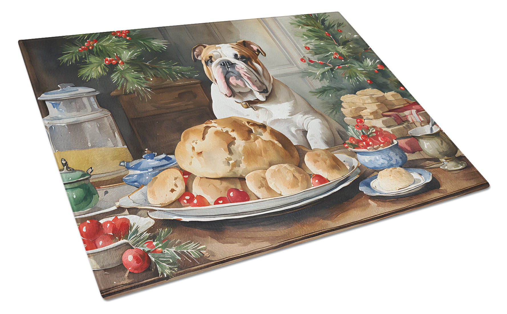 English Bulldog Christmas Cookies Glass Cutting Board