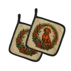Red Redbone Coonhound Christmas Flowers Pair of Pot Holders
