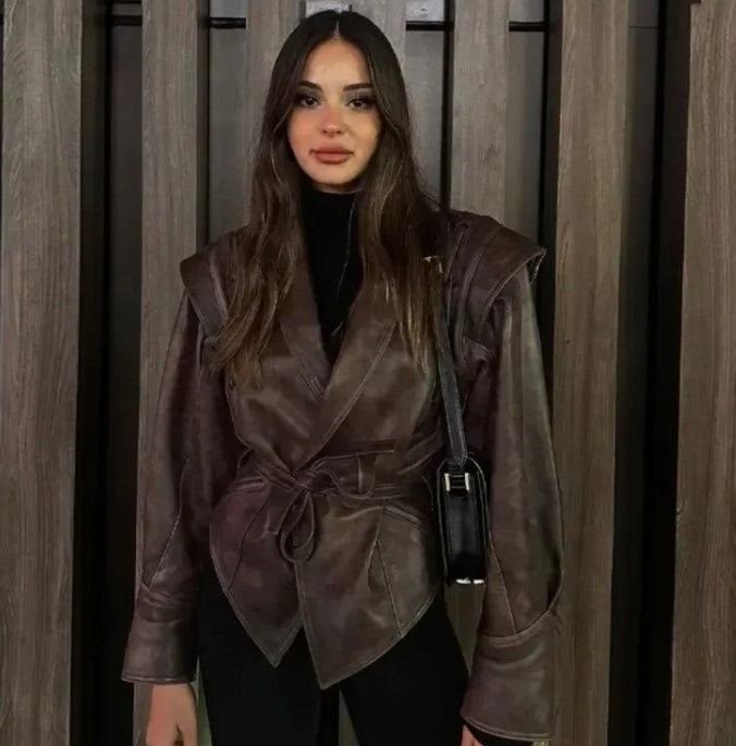 Women's Short Leather Jacket w/Belt