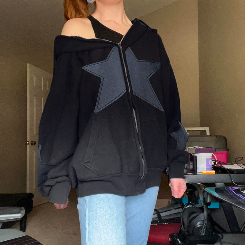 European Street Style Star Patch Zipper Sweatshirt