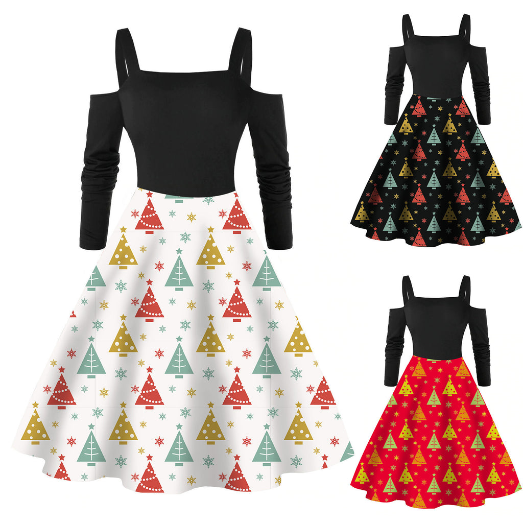 Women's Long-sleeved Christmas Dress with Snowman Print