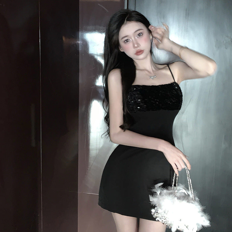 Sexy Spaghetti Strap Sequin Bodycon Little Black Dress