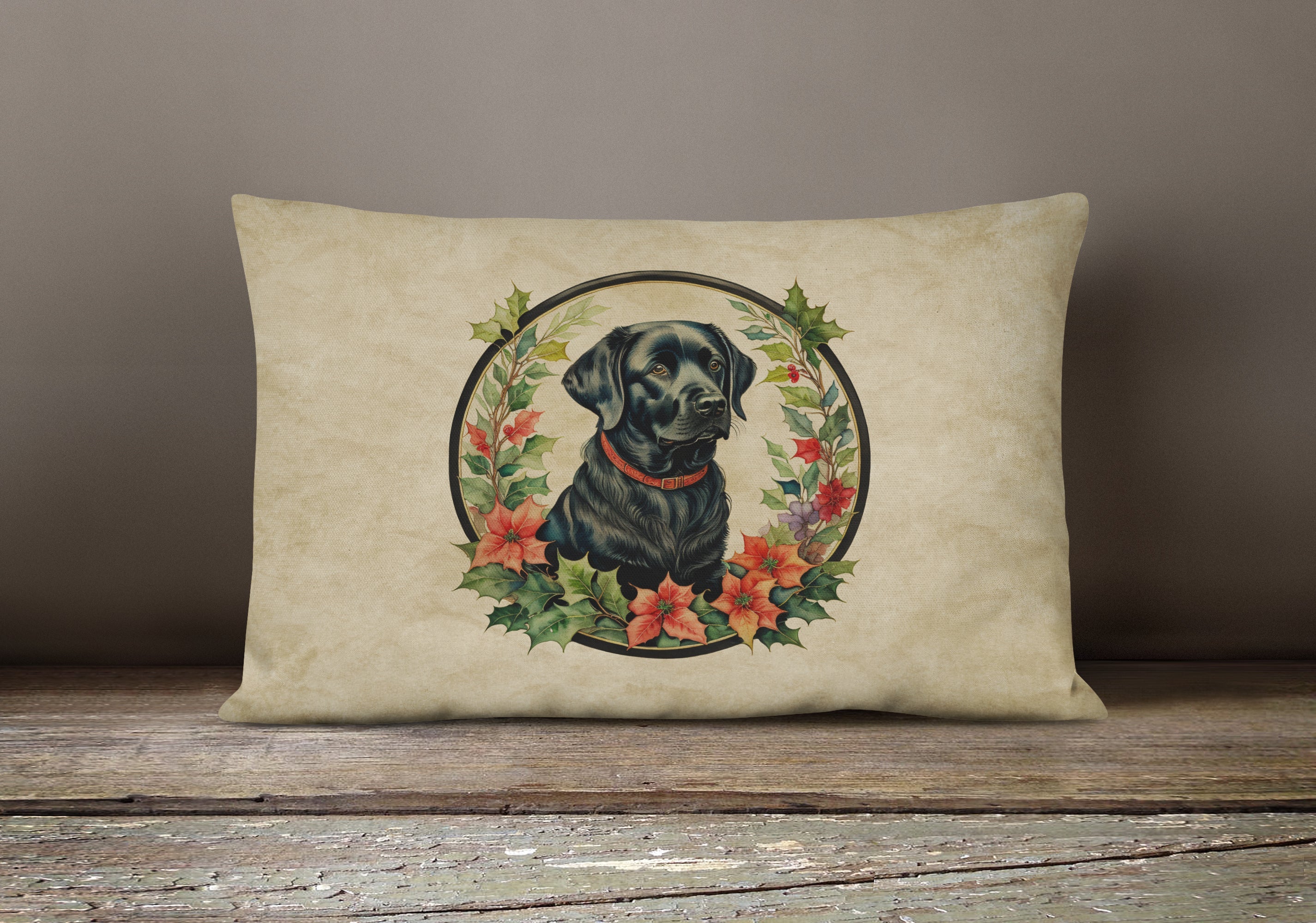 Labrador Retriever Christmas Flowers Throw Pillow