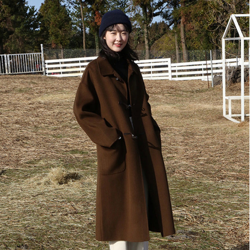 Women's Mid-length Woolen Coat with Horn Buckle