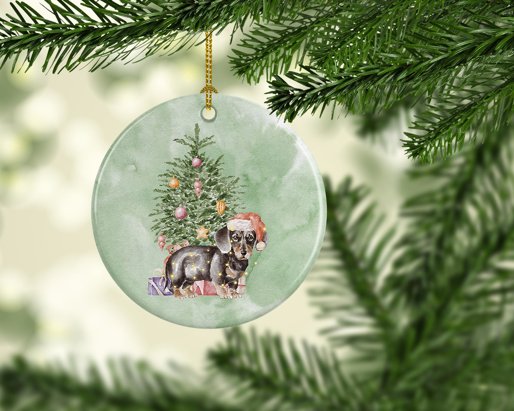 Dachshund Black Tan Puppy Christmas Presents and Tree Ceramic Ornament