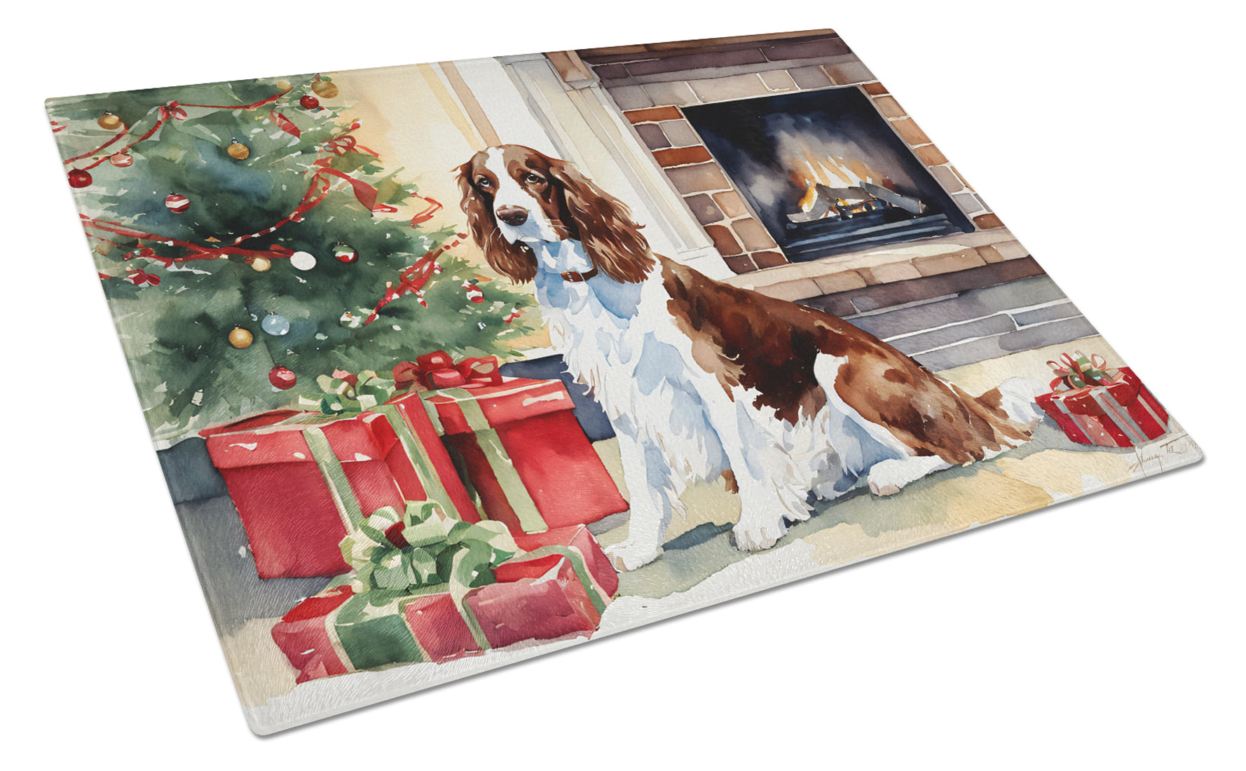 Welsh Springer Spaniel Cozy Christmas Glass Cutting Board
