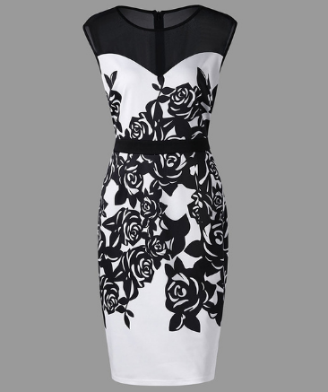 Floral Bodycon Skirt with Mesh Overlay Dress for Women