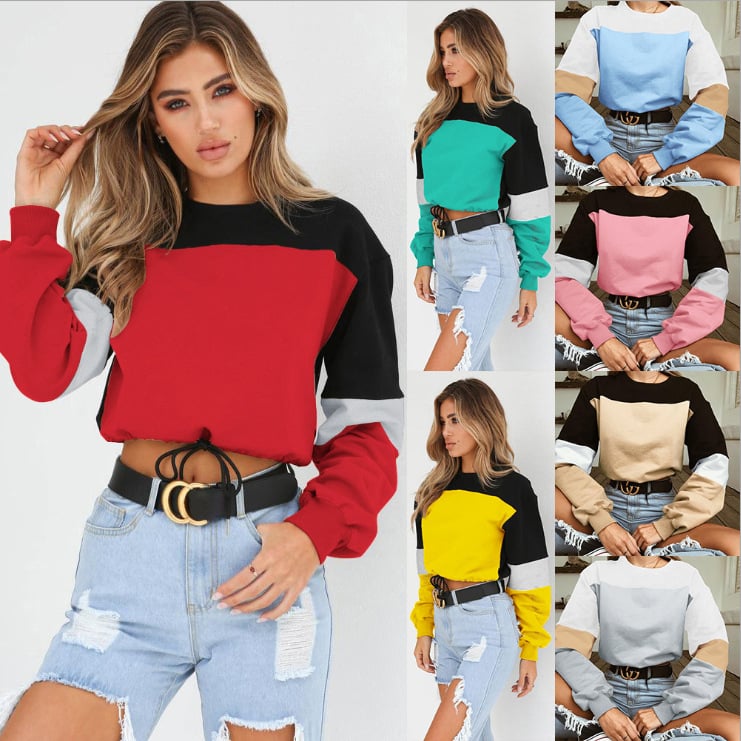 Autumn Patchwork Lace-up Sweater with Round Neck