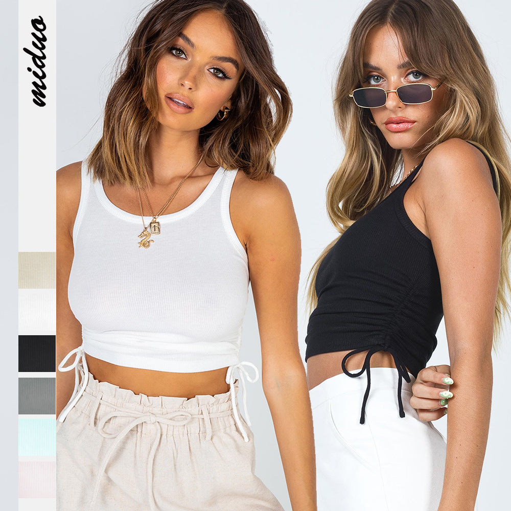 Solid Color Drawstring Crop Top for Summer Fashion