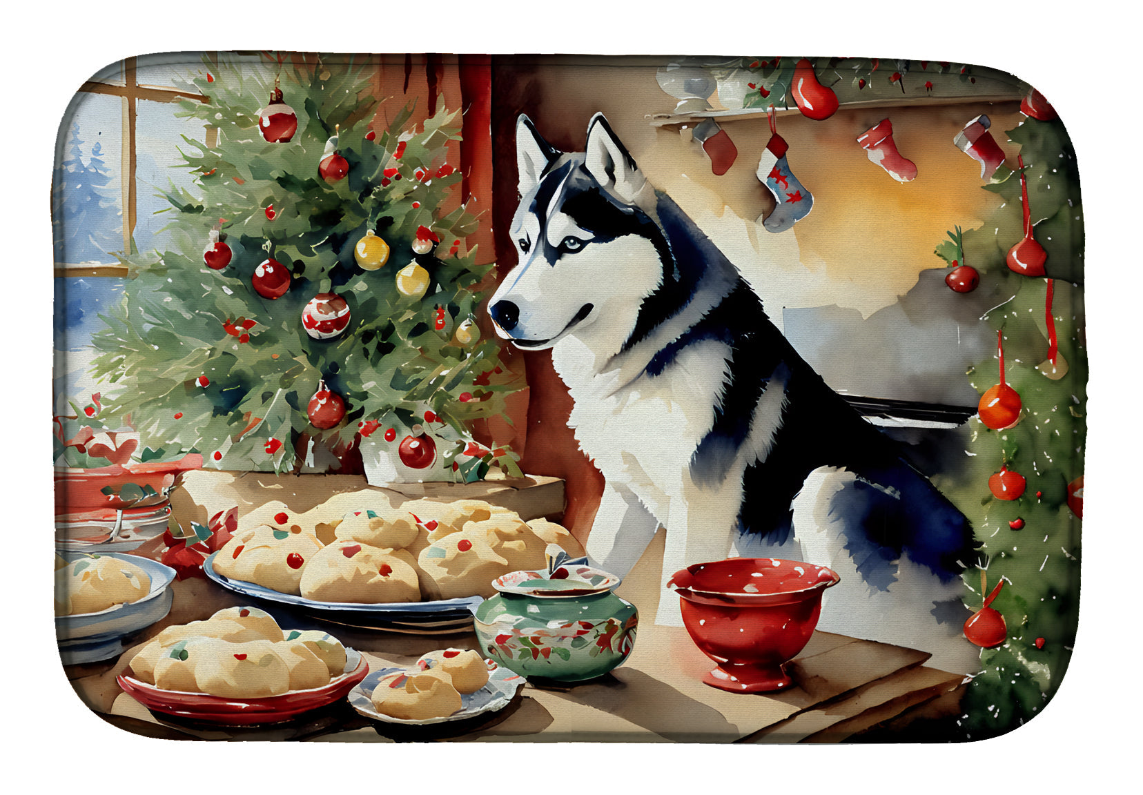 Siberian Husky Christmas Cookies Dish Drying Mat