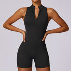 Fitness Yoga Jumpsuit With Zipper, Backless, Shorts Bodysuit
