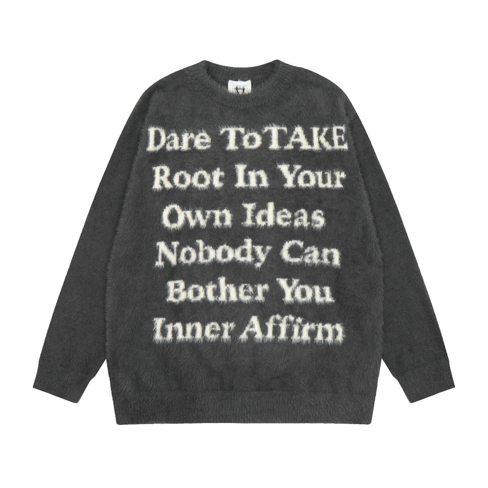 Velvet Padded Crew Neck Sweater with English Letters