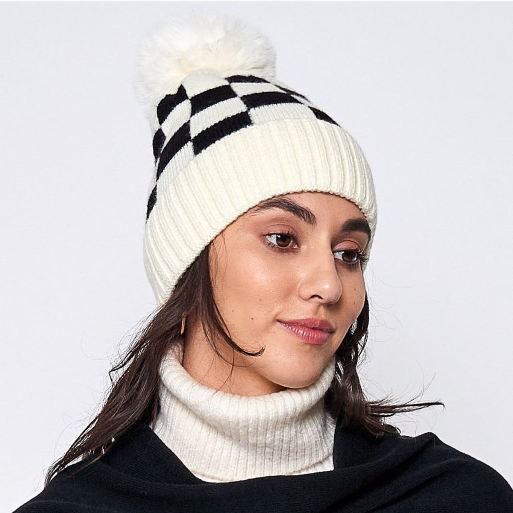 Fashion Week Checkered Pom Beanie | Embroidered Cap